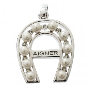 Aigner Horseshoe Crystal Faux pearl Silver Tone Pendant