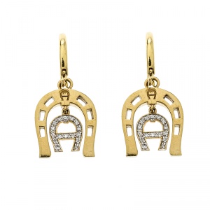 Aigner Crystal Studded Gold Tone Hoop Drop Earrings