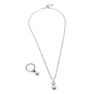 Pre Owned Aigner Faux Pearl Silver Tone Ring  & Chain Necklace Set