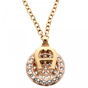 Pre Owned Aigner Logo Crystal Two Tone Metal Pendant Necklace