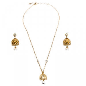 Aigner Faux Pearl Gold Tone Dome Earrings & Chain Necklace Set