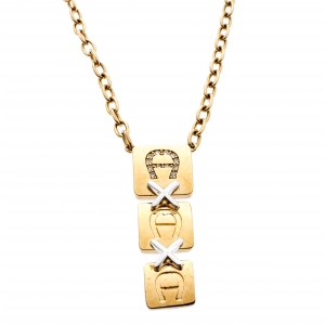 Aigner Gold Plated Tiered Crystal Studded Plaque Pendant Necklace