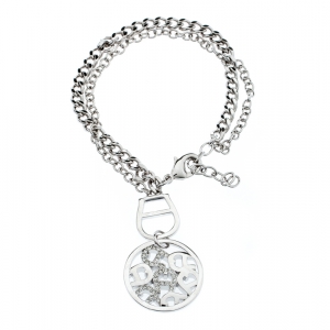 Aigner Silver Plated Circular Crystal Embellished Logo Double Chain Bracelet
