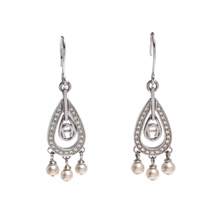 Pre Owned Aigner Silver Tone Faux Pearl Crystal Embellished Hoop Earrings