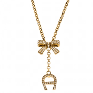 Aigner Crystal Studded Bow Gold Tone Long Toggle Necklace 