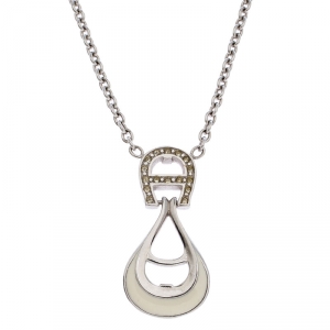 Pre Owned Aigner Crystal Studded Logo Rhodium Plated Necklace