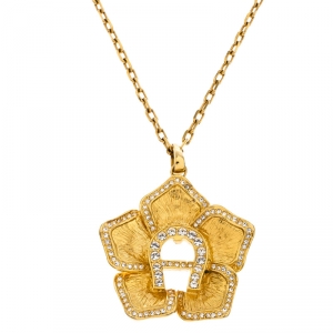 Pre Owned Aigner Gold Tone Crystal Flower Pendant Necklace
