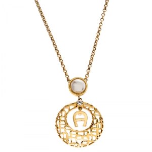Pre Owned Aigner Faux Pearl Crystal Textured Gold Tone Pendant Necklace