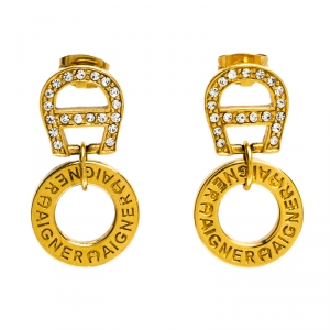 Aigner Crystal Studded Logo Gold Tone Drop Earrings
