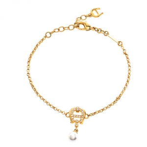 Pre Owned Aigner Crystal Faux Pearl Gold Tone Charm Bracelet