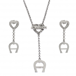 Pre Owned Aigner Crystal Heart Silver Tone Earrings & Necklace Set