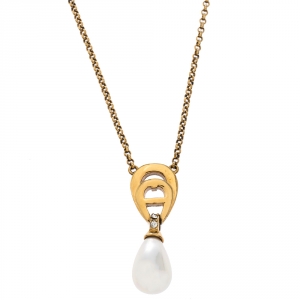 Pre Owned Aigner Faux Pearl Crystal Gold Tone Necklace