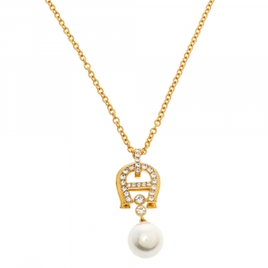 Pre Owned Aigner Crystal Faux Pearl Gold Tone Long Pendant Necklace