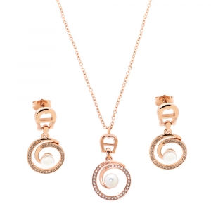 Pre Owned Aigner Crystal Faux Pearl Rose Gold Tone Earrings & Pendant Chain Set