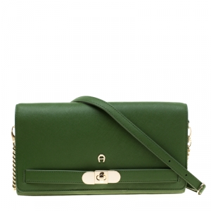 Pre Owned Aigner Meadow Green Leather Chain Shoulder Bag