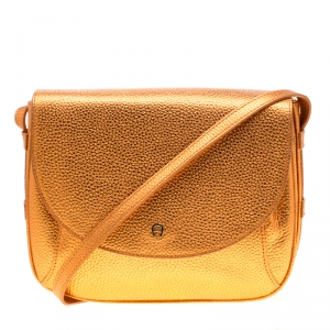 Pre Owned Aigner Orange Metallic Leather Flap Crossbody Bag
