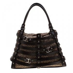 Pre Owned Aigner Brown Canvas And Leather Cage Satchel