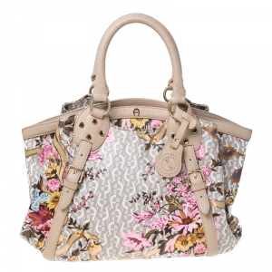 Pre Owned Aigner Beige Floral Print PVC and Leather Satchel