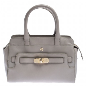 Aigner Light Grey Leather Turnlock Shoulder Bag
