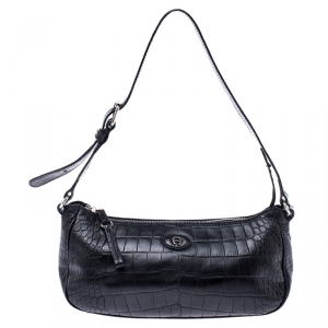 Pre Owned Aigner Black Croc Embossed Leather Shoulder Bag