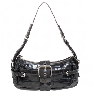 Pre Owned Aigner Black Crocodile Embossed Leather Shoulder Bag