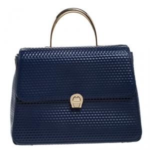 Pre Owned Aigner Blue Embossed Leather Genoveva M Top Handle Bag 