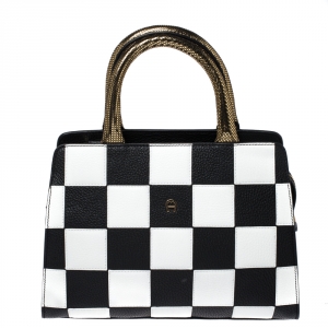 Pre Owned Aigner Black/White Checkered Leather Medium Satchel