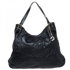 Pre Owned Aigner Black Chain Embossed Leather Hobo