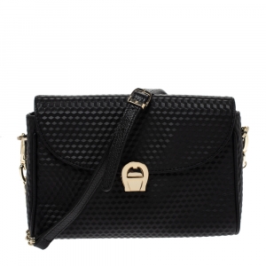 Pre Owned Aigner Black Leather Flap Chain Crossbody Bag