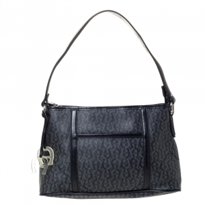 Pre Owned Aigner Black Signature Coated Canvas and Leather Zip Shoulder Bag