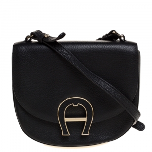 Pre Owned Aigner Black Leather Logo Flap Crossbody Bag