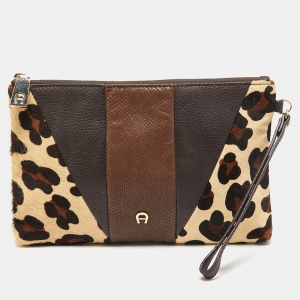 Pre Owned Aigner Brown/Beige Leopard Print Calfhair and Leather Zip Wristlet Pouch