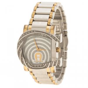 Pre Owned Aigner White Mother of Pearl Stainless Steel and Diamonds Genua Due A31600 Women's Wristwatch 31 mm