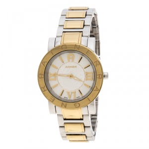 Pre Owned Aigner Silver White Gold-Plated Stainless Steel Cortina A26300 Women's Wristwatch 36 mm