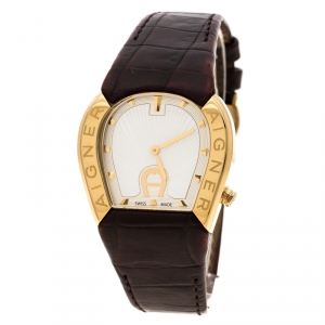 Pre Owned Aigner White Mother of Pearl Gold Plated Stainless Steel Cremona A40200 Women's Wristwatch 36 mm