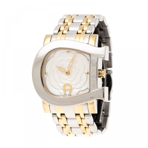 Pre Owned Aigner White Floral Two-Tone Stainless Steel Genua Due A31600 Women's Wristwatch 31 mm