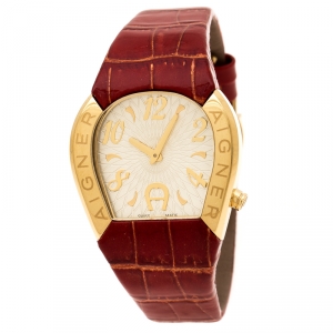 Pre Owned Aigner White Mother of Pearl Gold Plated Stainless Steel Cremona A40200 Women's Wristwatch 36 mm