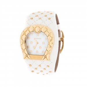 Pre Owned Aigner White Mother of Pearl Gold Plated Stainless Steel L'Aquila A41200 Women's Wristwatch 36 mm
