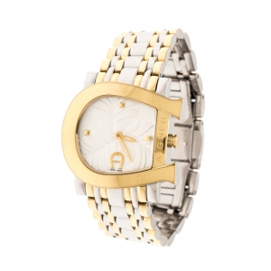 Pre Owned Aigner White Leaves Two-Tone Stainless Steel Genua Due A31600 Women's Wristwatch 31 mm