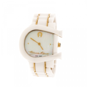 Aigner White Mother of Pearl Two Tone Stainless Steel Ceramic Genua Due A31600 Women's Wristwatch 33 mm