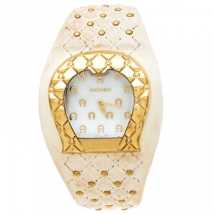 Pre Owned Aigner White Mother of Pearl Gold Plated Stainless Steel L'Aquila A41200 Women's Wristwatch 36 mm