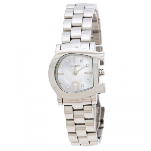 Pre Owned Aigner White Mother of Pearl Stainless Steel Genua Due A31000 Women's Wristwatch 26 mm