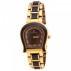 Pre Owned Aigner Brown Mother of Pearl Brown Ceramic Gold Plated Stainless Steel Altamura A56000 Women's Wristwatch 34 mm