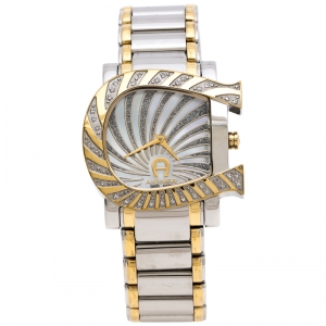 Pre Owned Aigner  Mother of Pearl Two-Tone Stainless Steel Diamonds Genua Due A31600 Women's Wristwatch 31 mm