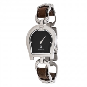 Pre Owned Aigner Black Stainless Steel Leather Perugia A07200 Women's Wristwatch 24.50 mm