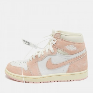Air Jordans Pink/White Suede and Leather Air Jordan 1 Sneakers Size 37.5