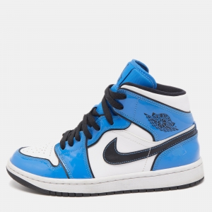 Air Jordans Tricolor Patent and Leather Air Jordan 1 Mid Signal Blue Sneakers Size 40