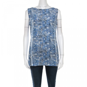 Akris Blue Marina Grande Print Silk Sleeveless Blouse M