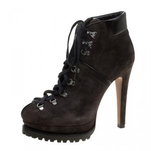 Alaia Grey Suede Velour Platform Lace Up Ankle Boots Size 37
