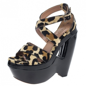 Pre Owned Azzedine Alaia Pony Hair Ankle Strap Frame Wedges Size 38